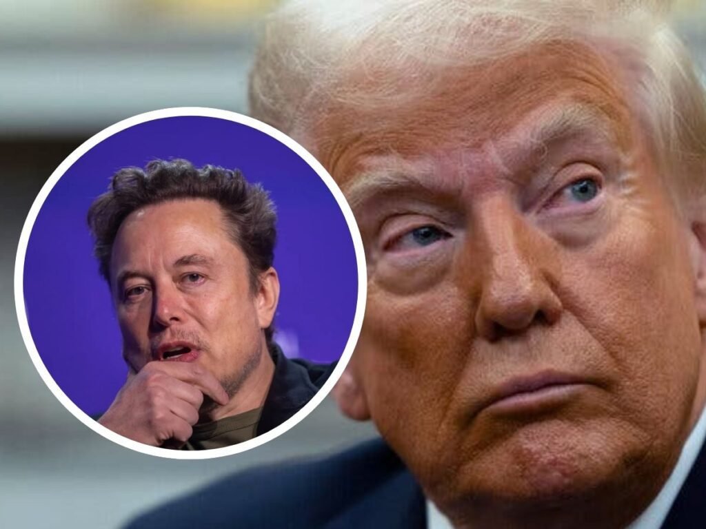 Trump and Elon Musk photos split by a burning Tesla logo