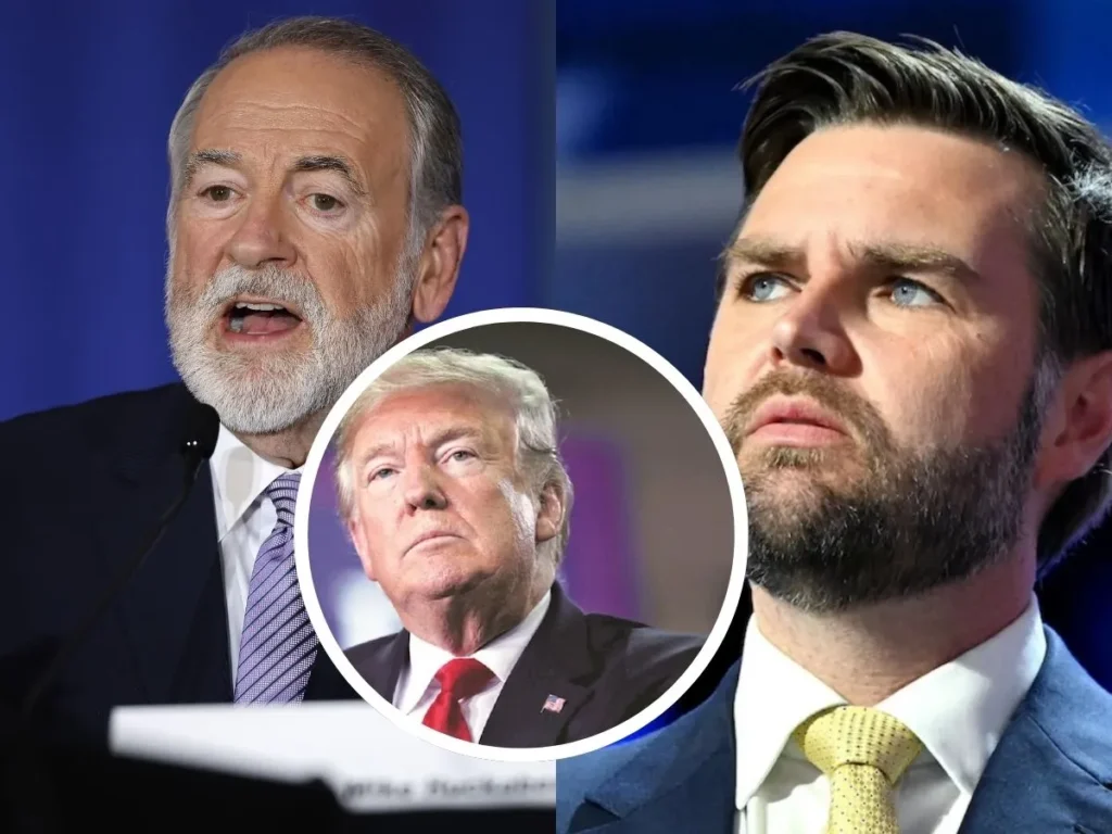 Donald Trump with JD Vance and Mike Huckabee during Middle East briefing