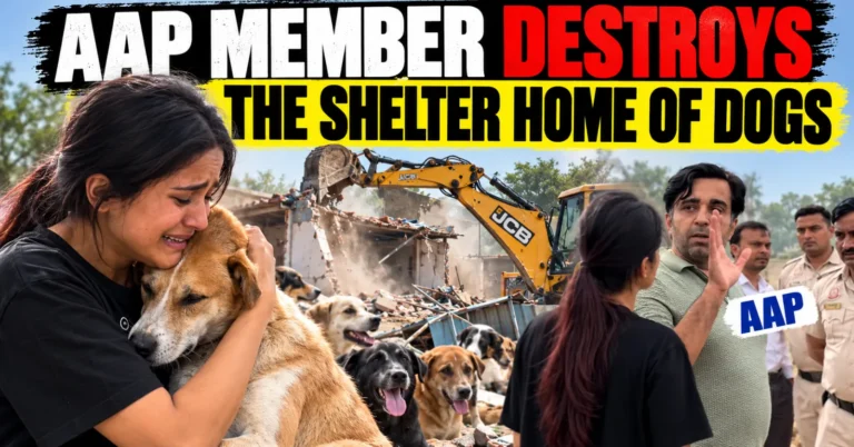 Animal rescuer grieving beside a dog shelter reportedly demolished by a JCB excavator